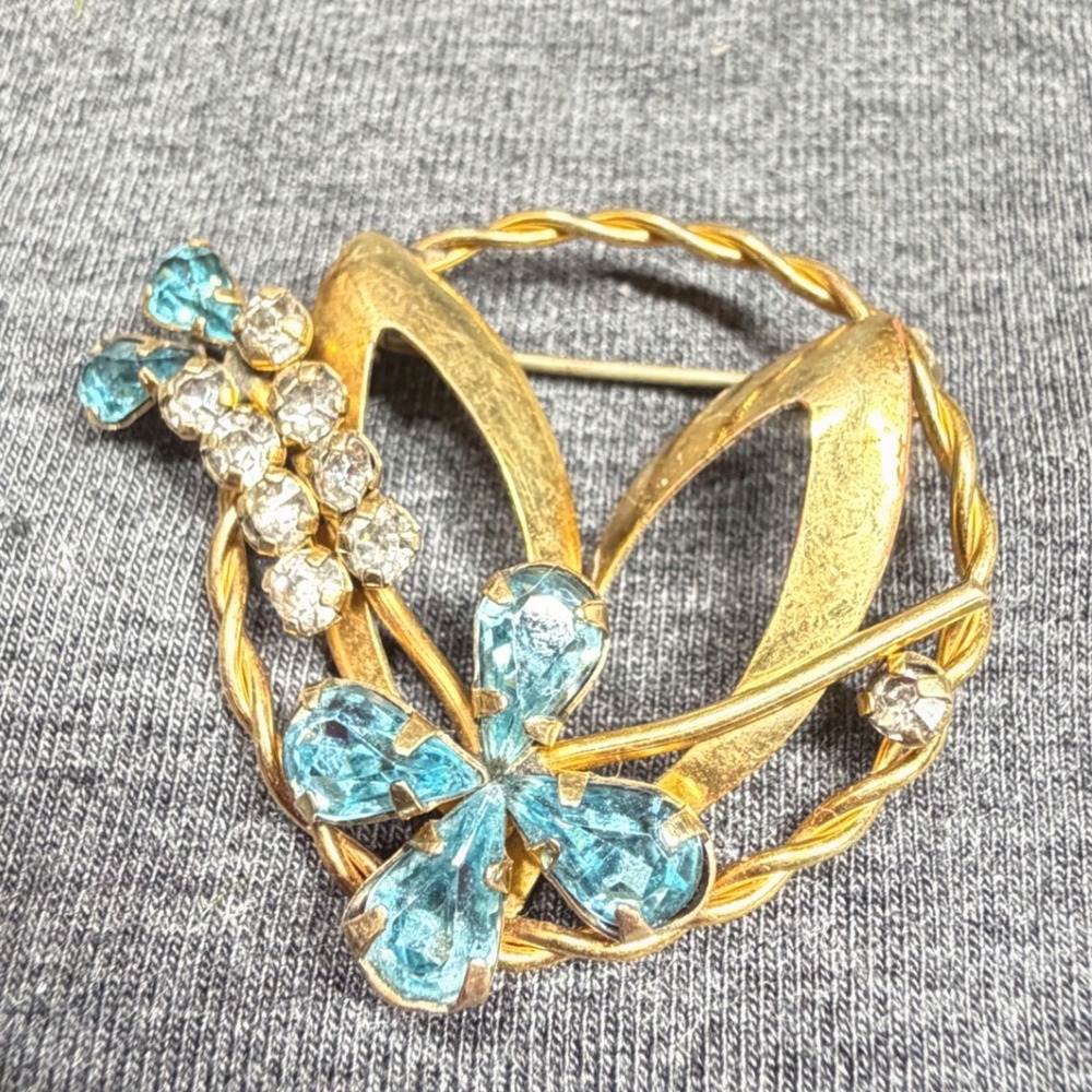 Star Art Vintage 12k Gold Filled Rhinestone Flower Brooch Pin Blue Floral